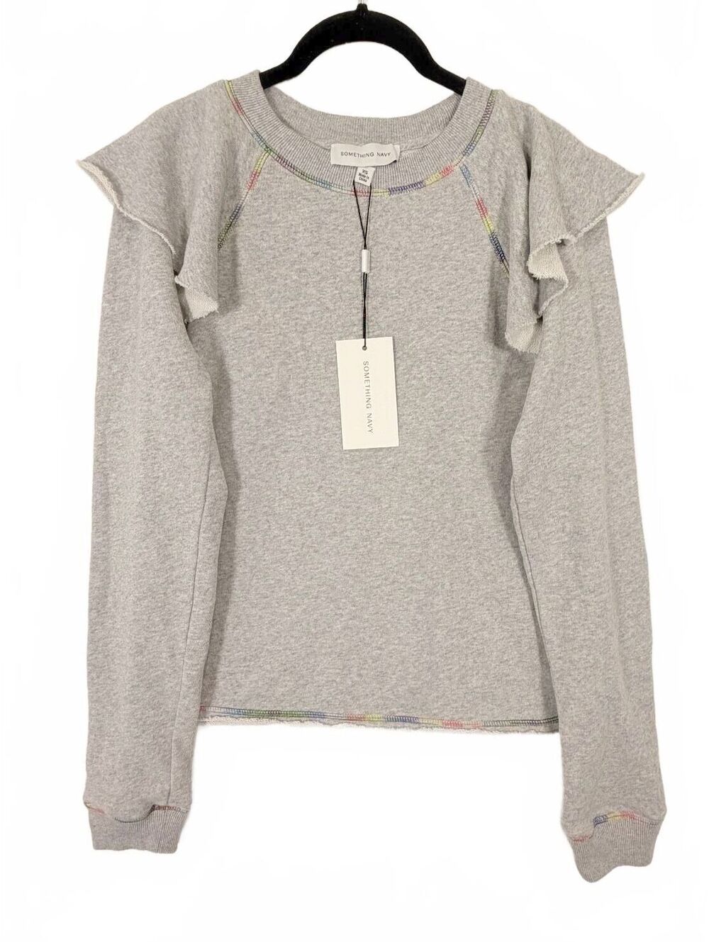 Something Navy Meghan Ruffle Shoulder Terry Rainbow Stitch Sweatshirt Gray XS